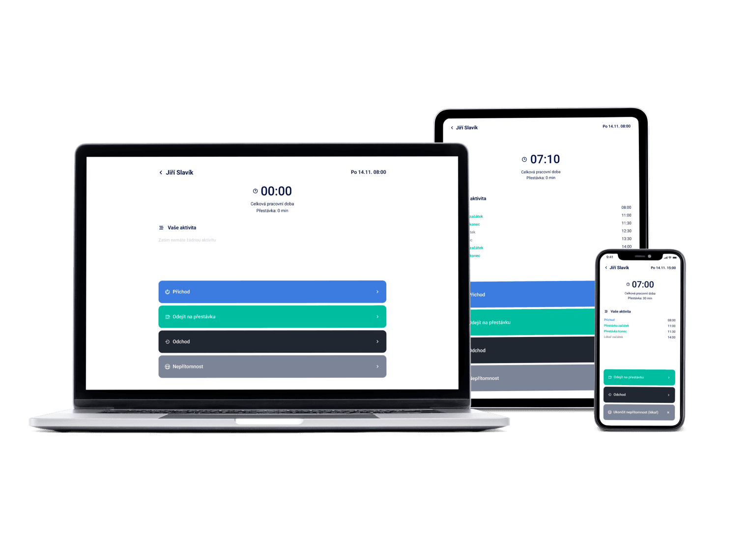 Dayswaps on a laptop, tablet and phone β an employee clocking in