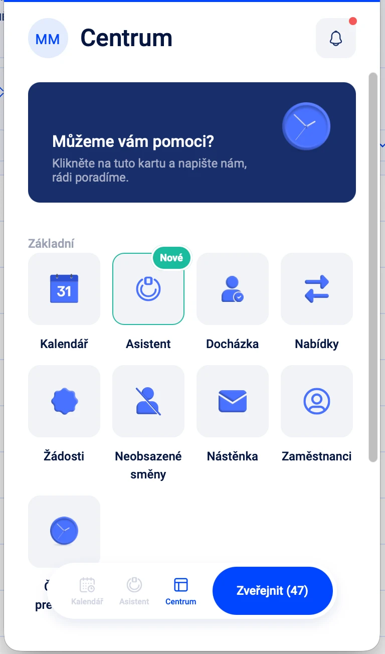 Domovská obrazovka mobilní aplikace s dlaždicemi Kalendář, Docházka a Nabídky