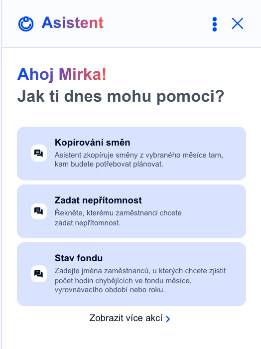 Panel AI Asistenta s nabídkou úvodních dotazů