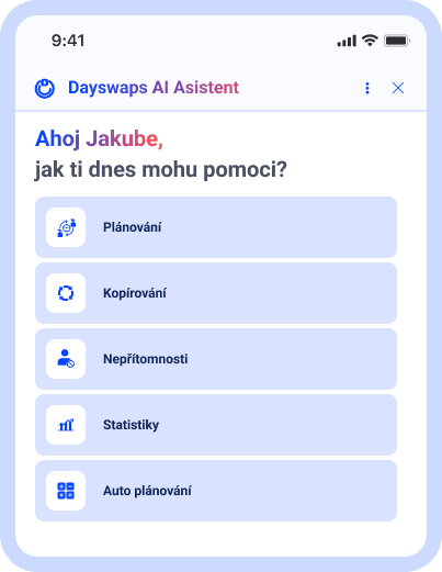 Mobile app screenshot of the AI assistant offering actions such as scheduling or time off